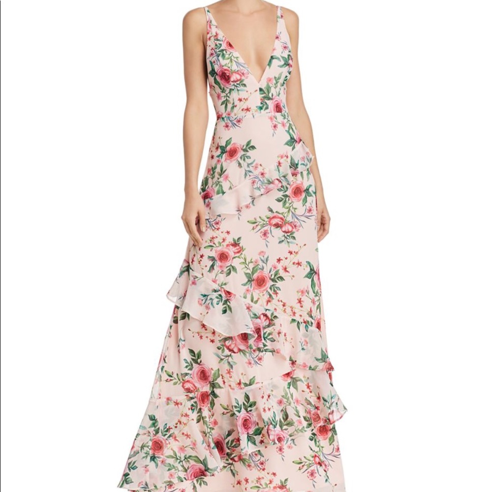 Fame and Partners Pink Floral Ruffled Gown